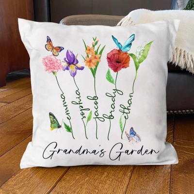 Personalized Birth Flower Throw Pillow Grandma's Garden Decorative Pillow Grandparents Gift from Grandkids Love Gifts for Mom