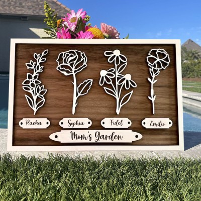 Custom Mom's Birth Month Flower Garden Frame With Grandkids Names Wood Home Decor For Christmas Gifts Unique Gifts for Mom Grandma