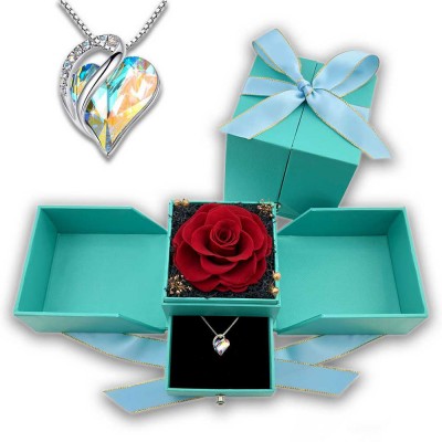 Rainbow Crystal Heart Love Necklace With Forever Blossom Preserved XL Red Rose Jewelry Box Valentine's Day Gift
