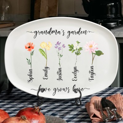 Personalized Grandma's Garden Birth Month Flowers Platter with Grandkids Names Gift for Grandma New Mom Gift 