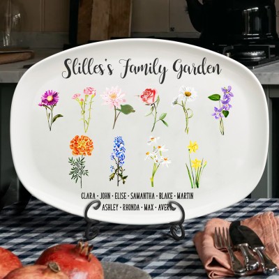 Personalized Family Garden Birth Month Flower Platter with Engraved Names Love Gift for Grandma