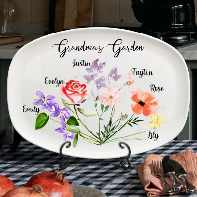 Custom Family Birth Month Flower Bouquet Platter With Family Names Gift for Grandma Mom