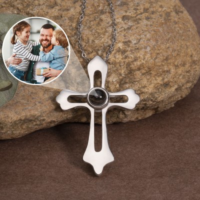 Personalized Mens Cross Photo Projection Necklace with Picture Inside First Father's Day Gift