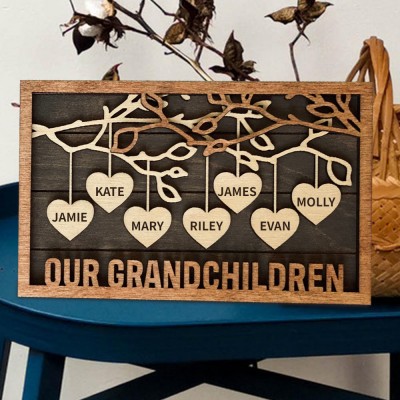 Custom Family Tree Wood Fram Sign with Grandkids Names Gift Ideas for Grandparents Keepsake Gifts for Mom Christmas Gifts
