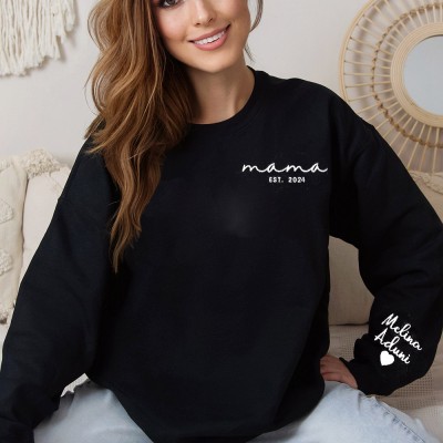Custom Mama Sweatshirt with Grandkids Names On Sleeve Heartful Gift For Mom Mother's Day Gifts