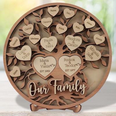 Our Family Personalized Wooden Family Tree Sign with Names Engraved in Hearts Gift for Mom Grandma Family Home Decoration