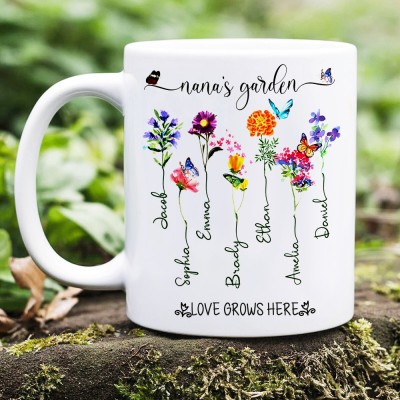 Personalized Nana's Garden Birth Flower Mug Engraved with Kids Names Unique Gifts for Grandma Mom