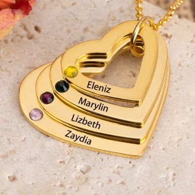 18K Gold Plating Personalized Heart Shaped Family Birthstone Necklace with Engraved 1-4 Names