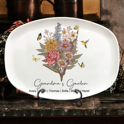 Custom Grandma's Garden Birth Flower Bouquet Family Platter Heartful Gifts For Grandma Mom Mother's Day Gift