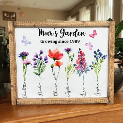 Custom Mom's Garden Birth Flower Wooden Frame with Kids Name Heartful Gift for Mom Grandma Mother's Day Gift Ideas