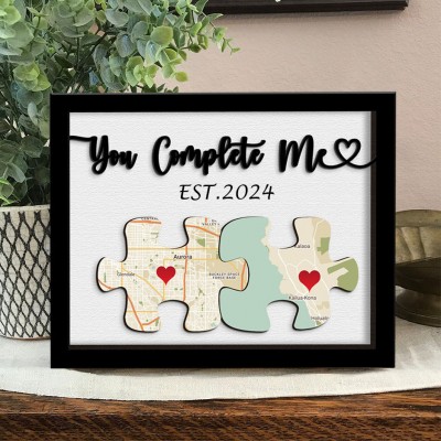 Personalized You Complete Me Puzzle Map Wooden Sign Valentine's Day Gift for Her Anniversary Gift Ideas
