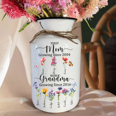 Personalized First Mom Now Grandma Birth Flower Vase with Kids Name Mother's Day Gifts