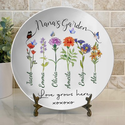 Custom Nan's Garden Birth Flower Platter with Grandkids Names Gift for Mom Grandma Birthday Gift for Her