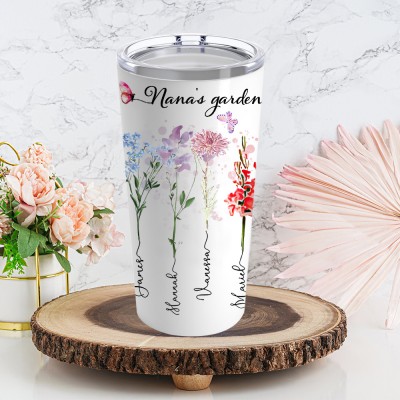 Personalized Nana's Garden Birth Month Flower Tumbler with Names Gift Ideas for Nana Grandma Christmas GIfts for Mom