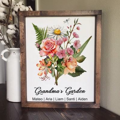 Personalized Grandma's Garden Birth Flower Bouquet Wooden Frame Family Gift For Mom Grandma Mother's Day Gift