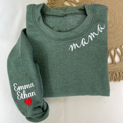 Custom Embroidered Mama Sweatshirt with Kids Names on Sleeve Gifts for Mom Christmas Gift Birthday Gifts