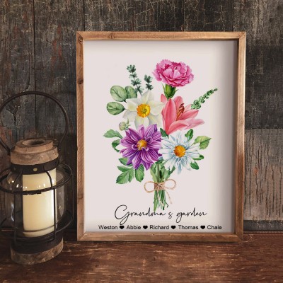Grandma's Garden Birth Flower Bouquet Wood Sign Art Print Personalized Gifts for Grandma Mom Christmas Gifts