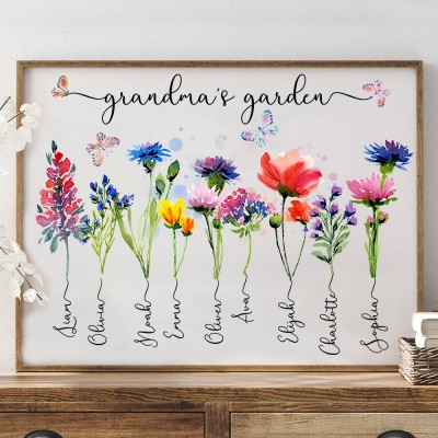 Personalized Grandma's Garden Birth Month Flower Print Frame with Kids Name Gift for Grandma Mom