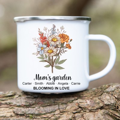 Custom Mom's Garden Birth Month Flower Bouquet Camping Coffee Mug with Kids Names Gift Ideas for Mom Grandma 