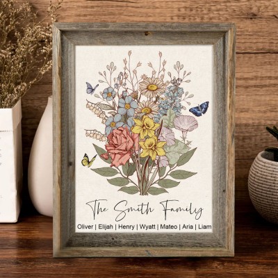 Custom Family Birth Flower Bouquet Art Print Frame with Kids Names Christmas Gift Ideas for Mom Grandma