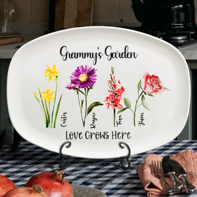 Custom Grammy's Garden Birth Month Flower Platter With Kids Names Gift for Grammy Mom