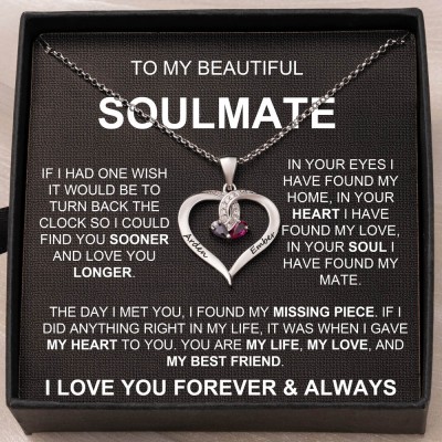 To My Soulmate Custom Heart Shaped Necklace with 2 Names and Birthstones Gift Ideas For Valentine's Day Anniversary
