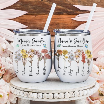 Personalized Nana's Garden Love Grows Here Birth Flower Wine Tumbler Unique Gifts for Mom Grandma Mother's day Gift Ideas