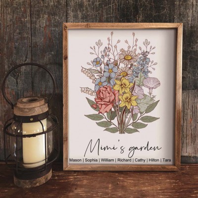 Mimi's Garden Birth Month Flower Bouquet Art Print Frame Christmas Gifts for Grandma Mom