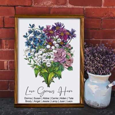 Custom Love Grows Here Birth Flower Bouquet Family Frame With Kids Names Gift for Mom Grandma Mother's Day Gift