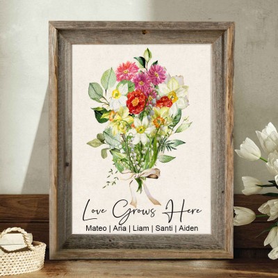 Custom Birth Flower Family Bouquet Art Print Frame Christmas Gifts for Mom Grandma