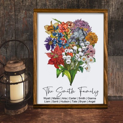Custom Family Art Print Birth Flower Bouquet Frame With Names Heartful Gift for Mom Grandma Mother's Day Gift