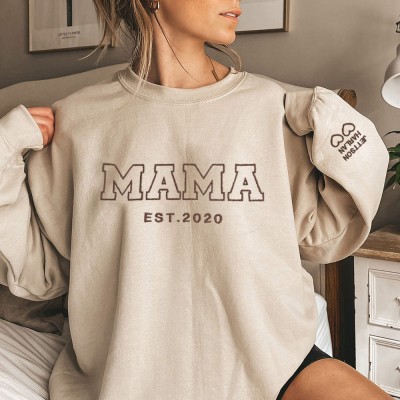 Personalized Mama Embroidered Sweatshirt with Names On Sleeve Heartful Gift For Grandma Mom Mother's Day Gifts