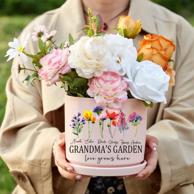 Personalized Grandma's Garden Outdoor Birth Flower Plant Pot with Kids Name Mother's Day Gifts Ideas