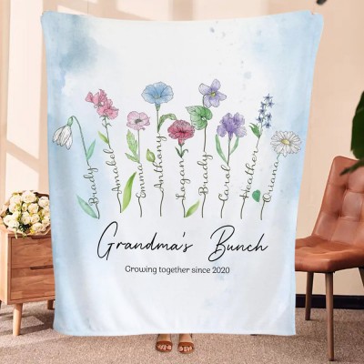 Personalized Grandma's Bunch Birth Month Flower Blanket with Kids Names Great Gift Ideas For Grandma Mom