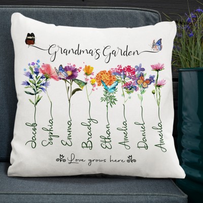 Custom Nana's Garden Birth Flower Pillow With Grandkids Names Unique Gift for Grandma Mom 
