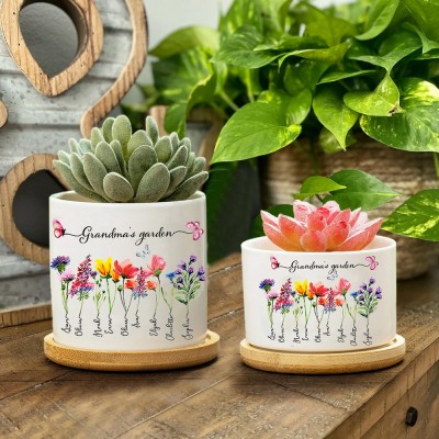Custom Grandma's Garden Birth Month Flower Plant Pot with Grandkids Name Mother's Day Gift