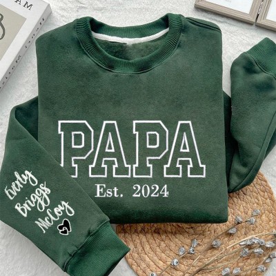 Custom Embroidered Papa Sweatshirt Hoodie With Kids Names On The Sleeve Father's Day Gift Ideas