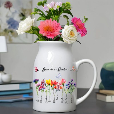 Custom Birth Flower Grandma's Garden Vase with Kids Names Gift Ideas for Mom Grandma Christmas Gift