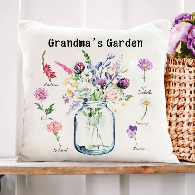 Grandma's Garden Custom Birth Flower Pillow with Grandkids Names Christmas Gifts Unique Gift Ideas for Mom Grandma