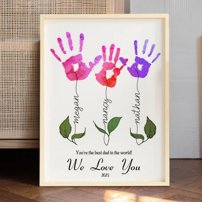 Best Dad In The World Custom Flower DIY Handprint Art Frame Gift for Dad Papa