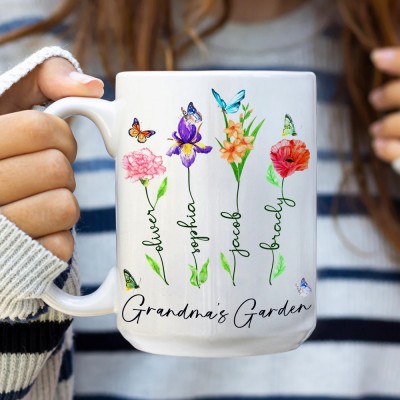 Grandma's Garden Birth Month Flower Mug with Grandkids Names Personalized Gift Ideas for Mom Grandma Family Keepsake Gift
