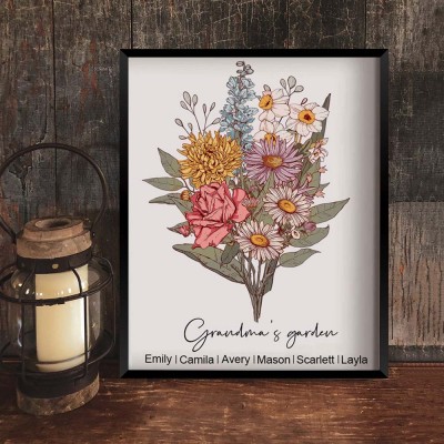 Custom Grandma's Garden Birth Month Flower Bouquet Art Print Frame with Grandkids Names Christmas Gifts