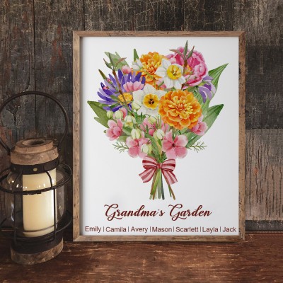 Personalized Grandma's Garden Art Print Birth Flowers Bouquet Frame With Kids Names Love Gift For Mom Grandma Mother's Day Gift