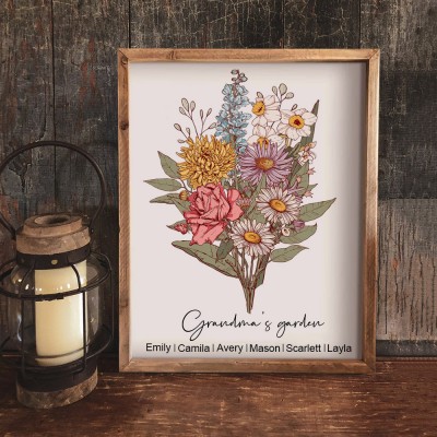 Custom Grandma's Garden Birth Flower Bouquet Art Print Unique Gift Ideas for Grandma Mom Christmas Gifts