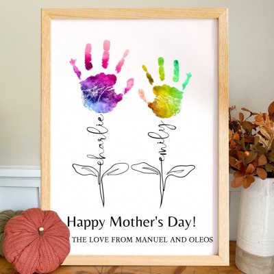 Personalized Mothers Day Wooden Handprint Art Print Frame Gifts for Mom Grandma