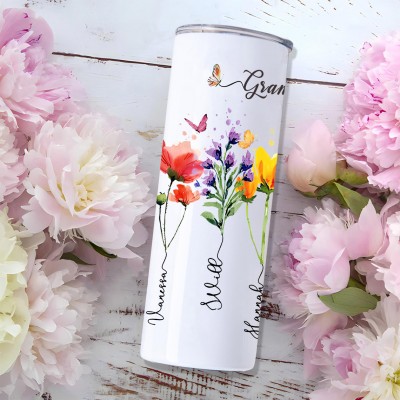 Personalized Birth Month Flower Tumbler with Grandkids Names Grandma's Garden Tumbler Christmas Gifts 