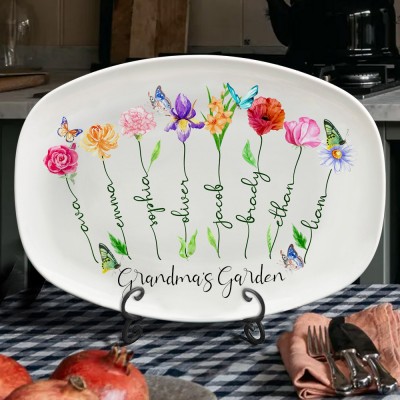 Grandma's Garden Plate with Kids Names Personalized Family Birth Flower Platter Gift Ideas for Grandma Mom