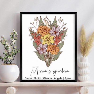 Personalized Mimi's Garden Birth Flower Bouquet Art Print Frame Gift Ideas for Mom Grandma Christmas Gifts