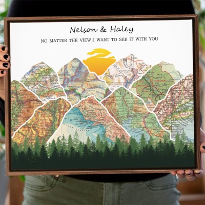Personalized Couples Mountain Travel Map Wedding Anniversary Gifts for Wife Husband Love Gift Ideas for Couples