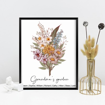 Grandma's Garden Birth Flower Bouquet Frame Personalized Gifts for Grandma Mom Christmas Gifts